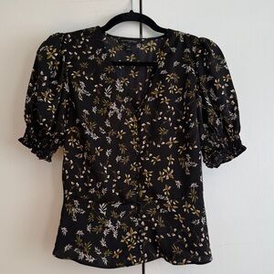 Banana Republic Black Floral Puff Sleeve V Neck Button Front Peplum Top XS
